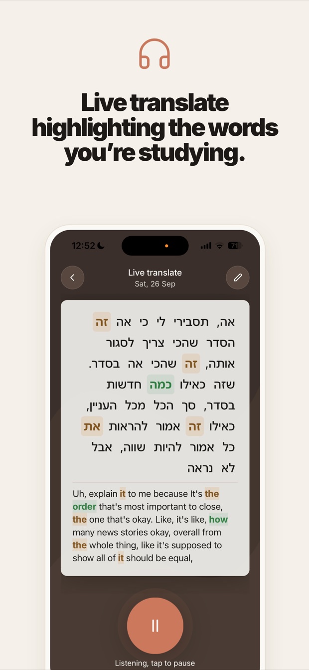 Live translate transcribing Hebrew speech into English and highlighting words you are studying