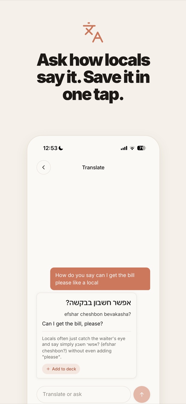 Translate answering how locals ask for the bill, with an Add to deck button